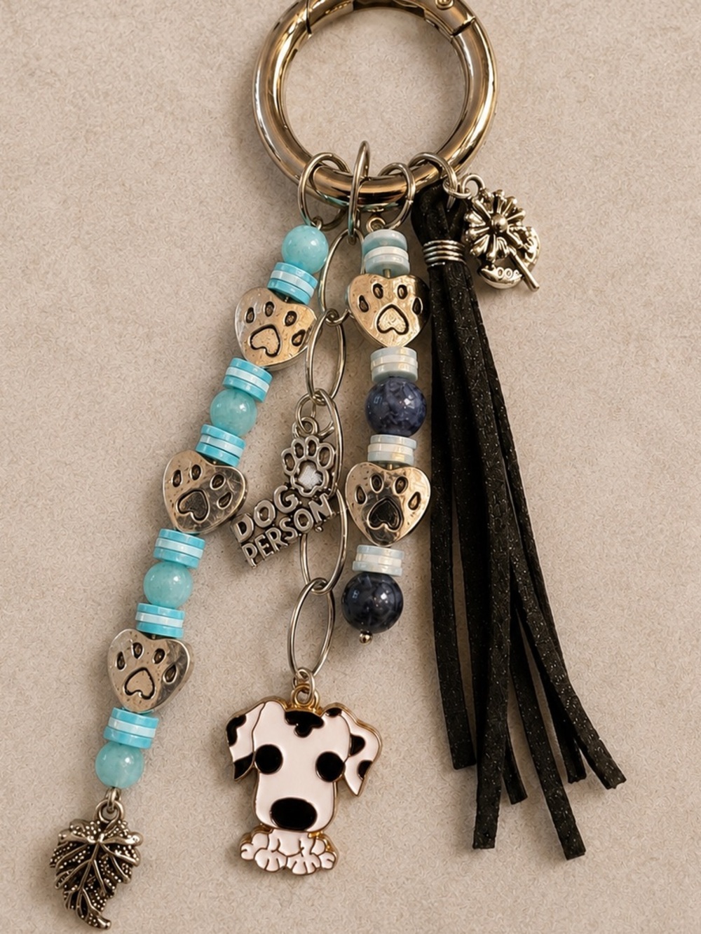 “Dog Person” Bag Charm/Key Ring with Dog Pendant, Silver Dog Paw Beads & More!